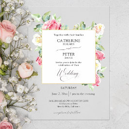 Romantic Blush Pink/Ivory Watercolor Roses Wedding ベラム紙招待状