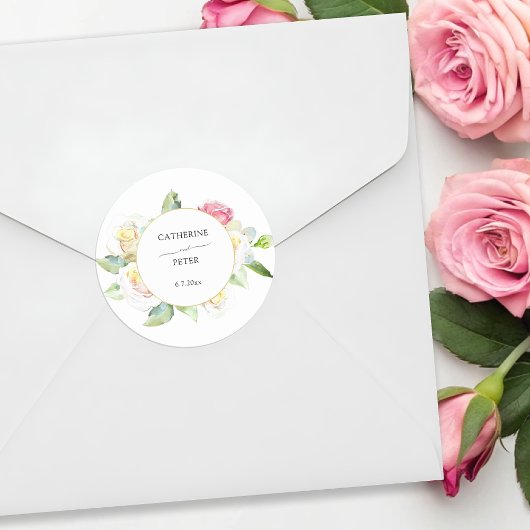 Romantic Blush Pink/Ivory Watercolor Roses Wedding ラウンドシール