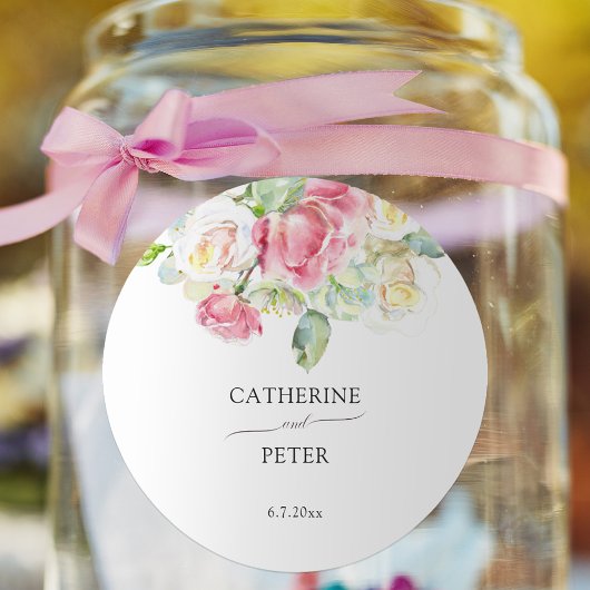 Romantic Blush Pink/Ivory Watercolor Roses Wedding ラウンドシール