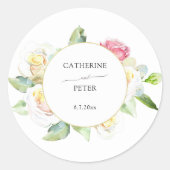 Romantic Blush Pink/Ivory Watercolor Roses Wedding ラウンドシール (正面)