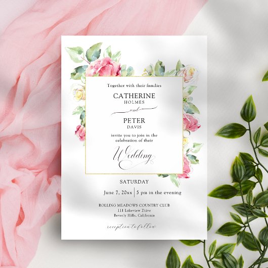 Romantic Blush Pink/Ivory Watercolor Roses Wedding 招待状