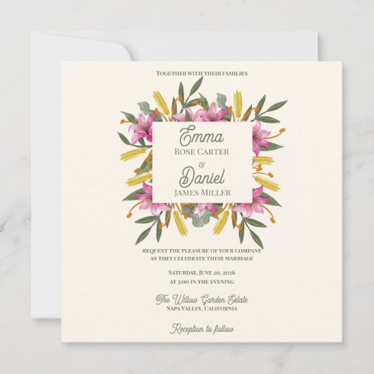 Romantic Blush Pink Lily Botanical Wedding Invite (正面)