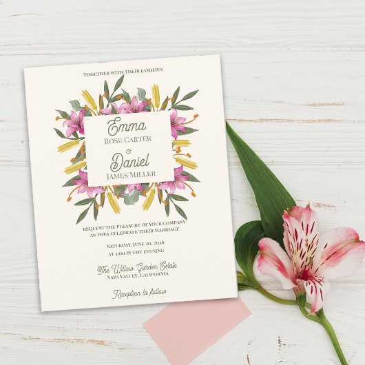 Romantic Blush Pink Lily Botanical Wedding Invite