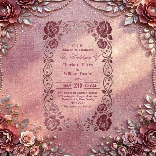 Romantic Blush Pink Rose Silver Floral Wedding アクリル招待状