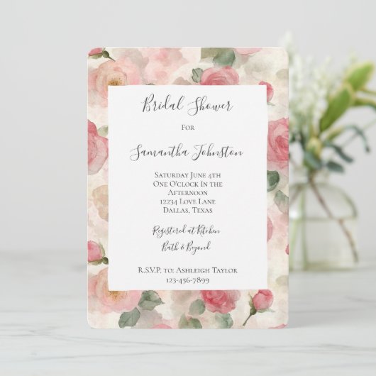 Romantic Blush Pink Roses Floral Bridal Shower 招待状 (スタンド正面)