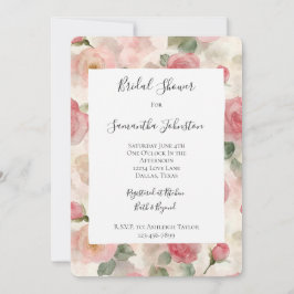 Romantic Blush Pink Roses Floral Bridal Shower 招待状