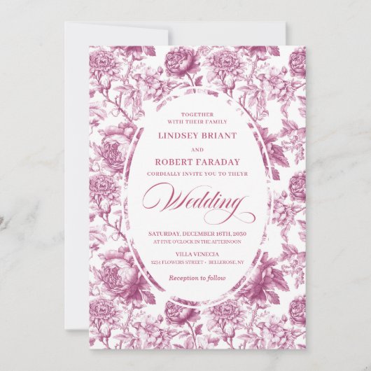 Romantic Blush Pink Toile Roses Wedding Invitation 招待状 (正面)