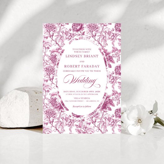 Romantic Blush Pink Toile Roses Wedding Invitation 招待状