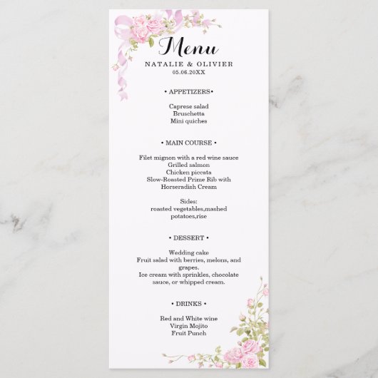 Romantic Blush Pink Watercolor Roses Chic Wedding メニュー (正面)