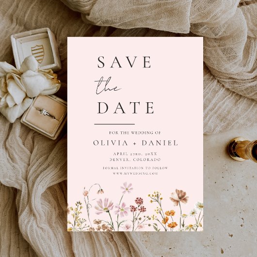 Romantic Blush Pink Wildflowers Boho Save the Date セーブザデート