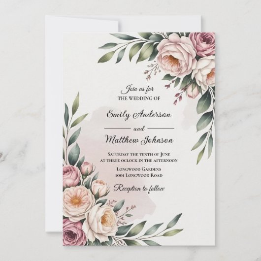 Romantic Blush Rose Garden Wedding Invitation 招待状 (正面)