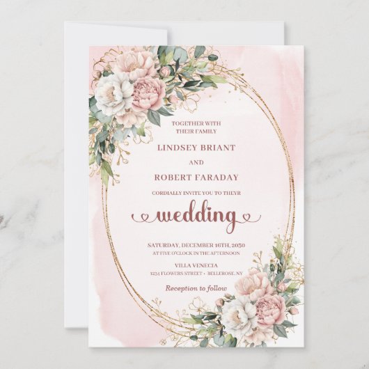 Romantic Blush Rose Gold Greenery Wedding Invite 招待状 (正面)
