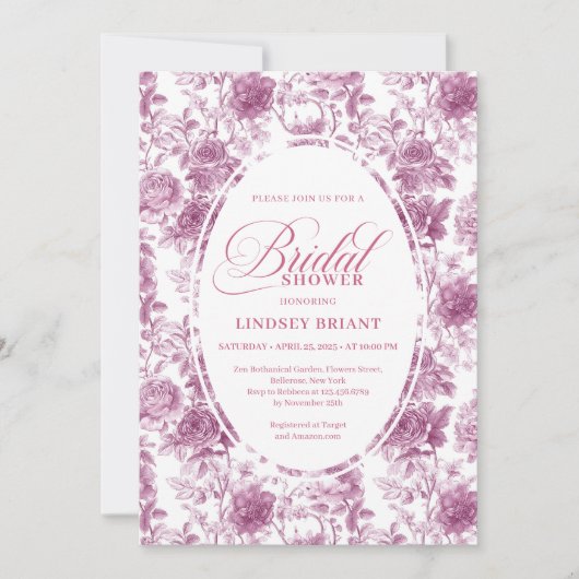 Romantic Blush Rose Pattern French Toile Bridal  招待状 (正面)
