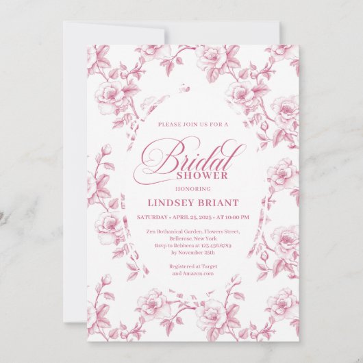 Romantic Blush Rose Pattern French Toile Bridal   招待状 (正面)