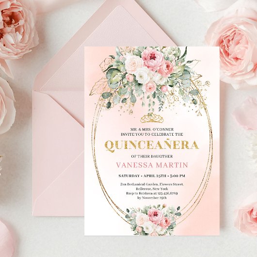 Romantic Blush Roses Bohemian Quinceañera Invite 招待状