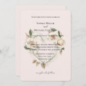 Romantic Blush Roses Feathers Floral Heart Wedding 招待状 (正面/裏面)