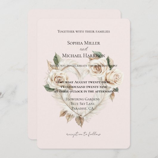 Romantic Blush Roses Feathers Floral Heart Wedding 招待状 (正面/裏面)