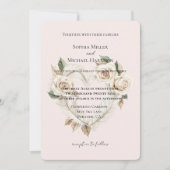 Romantic Blush Roses Feathers Floral Heart Wedding 招待状 (正面)