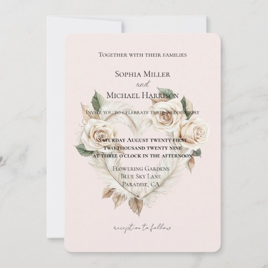 Romantic Blush Roses Feathers Floral Heart Wedding 招待状 (正面)