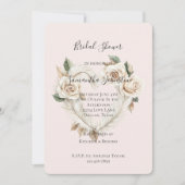 Romantic Blush Roses Feathers Heart Bridal Shower 招待状 (正面)
