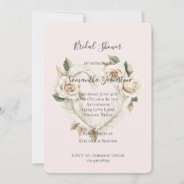 Romantic Blush Roses Feathers Heart Bridal Shower 招待状