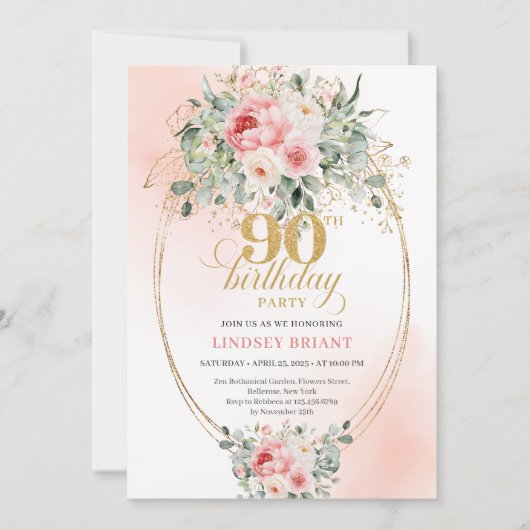 Romantic Blush Roses Greenery 90th Birthday Invite 招待状 (正面)
