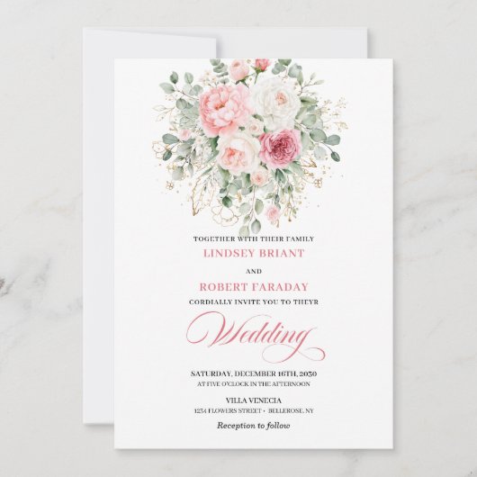 Romantic Blush Roses Greenery Gold Wedding Invite 招待状 (正面)