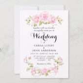 Romantic Blush Roses & Pink Bow Wedding 招待状 (正面)