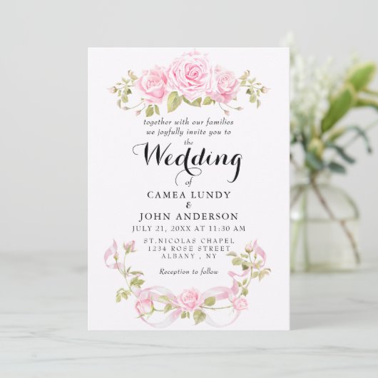 Romantic Blush Roses & Pink Bow Wedding 招待状 (スタンド正面)