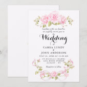 Romantic Blush Roses & Pink Bow Wedding 招待状 (正面/裏面)