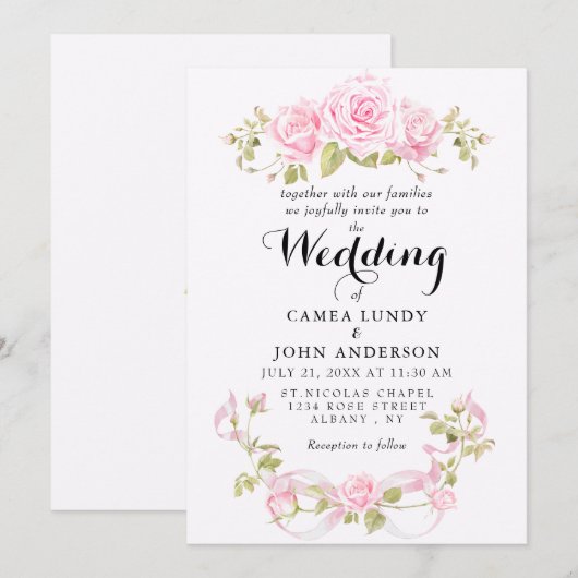 Romantic Blush Roses & Pink Bow Wedding 招待状 (正面/裏面)