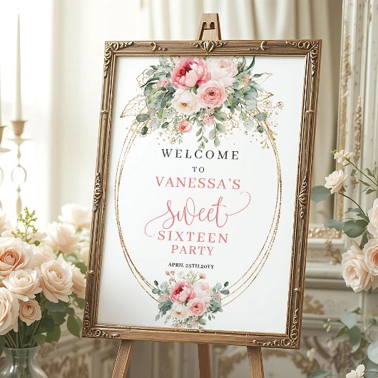 Romantic Blush Roses Sweet 16 Welcome Poster ポスター
