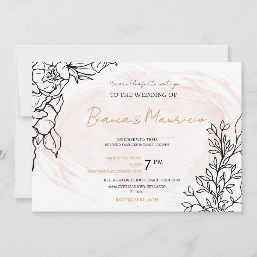 Romantic Blush with Black Florals and Photo Back 招待状 (正面)