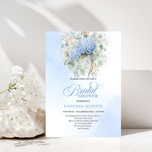 Romantic Bohemian Blue Floral Bridal Shower Invite 招待状