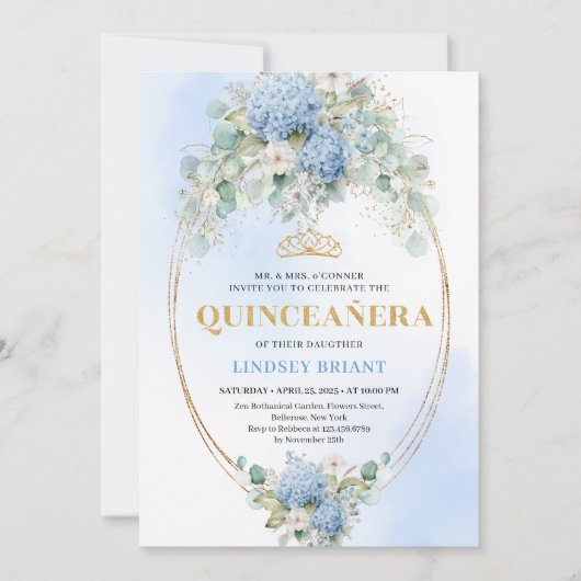 Romantic Bohemian Blue Hydrangeas Quince Invite 招待状 (正面)