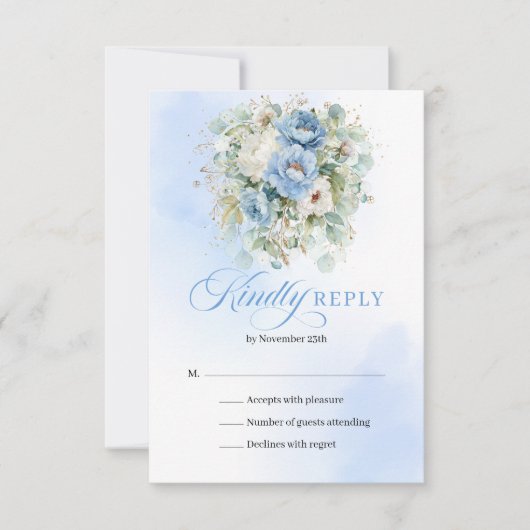Romantic Bohemian Blue White Peonies Wedding RSVP (正面)