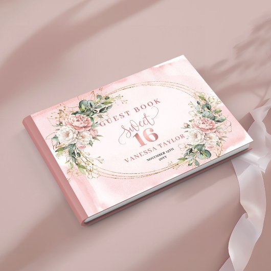 Romantic Bohemian Blush Floral Eucalyptus Sweet 16 ゲストブック
