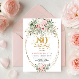 Romantic Bohemian Blush Floral Gold 80th Birthday 招待状