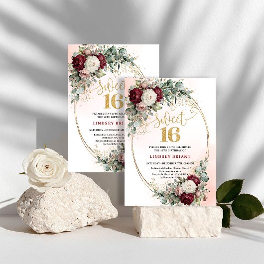 Romantic Bohemian Burgundy Floral Sweet 16 Invites 招待状