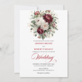 Romantic Bohemian Burgundy White Floral Wedding  招待状 (正面)