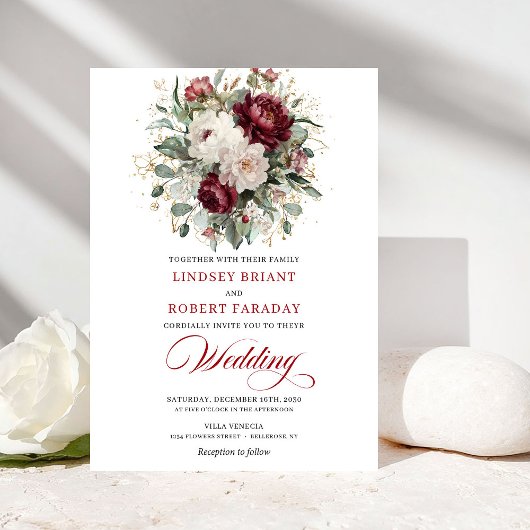 Romantic Bohemian Burgundy White Floral Wedding  招待状
