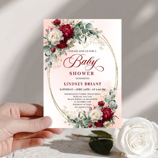 Romantic Bohemian Deep Red Floral Baby Shower 招待状