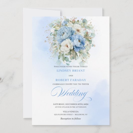 Romantic Bohemian Dusty Blue Peony Wedding Invite 招待状 (正面)