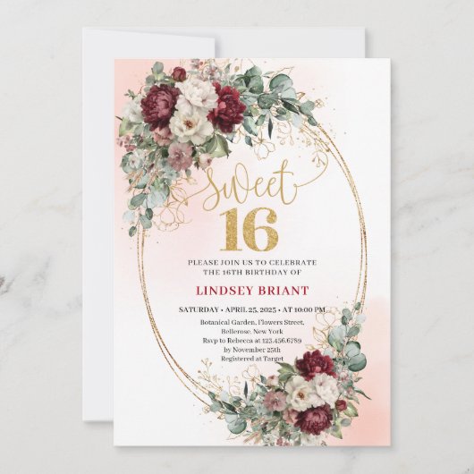 Romantic Bohemian Marsala Floral Sweet 16 Invitw 招待状 (正面)