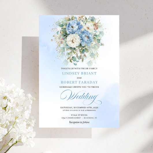 Romantic Bohemian Pastel Blue Peony Wedding Invite 招待状