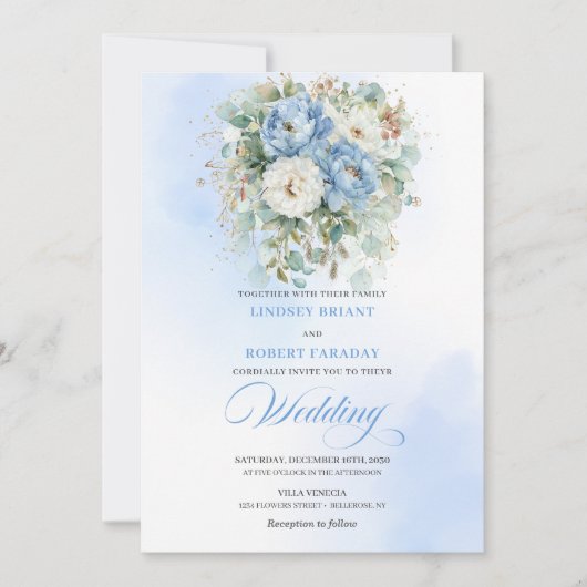 Romantic Bohemian Pastel Blue Peony Wedding Invite 招待状 (正面)