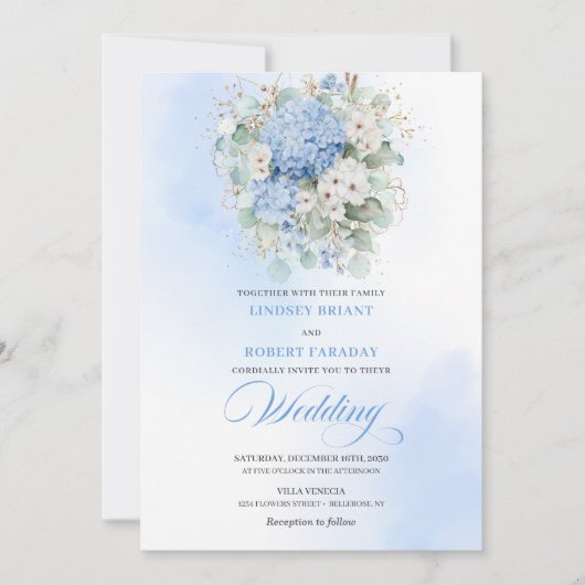 Romantic Bohemian Soft Blue Hydrangea Wedding  招待状 (正面)