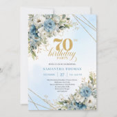 Romantic boho blue florals gold frame 70th birthda 招待状 (正面)