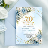 Romantic boho blue florals gold frame 70th birthda 招待状