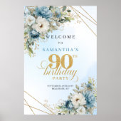 Romantic boho blue florals gold frame 90 birthday ポスター (正面)